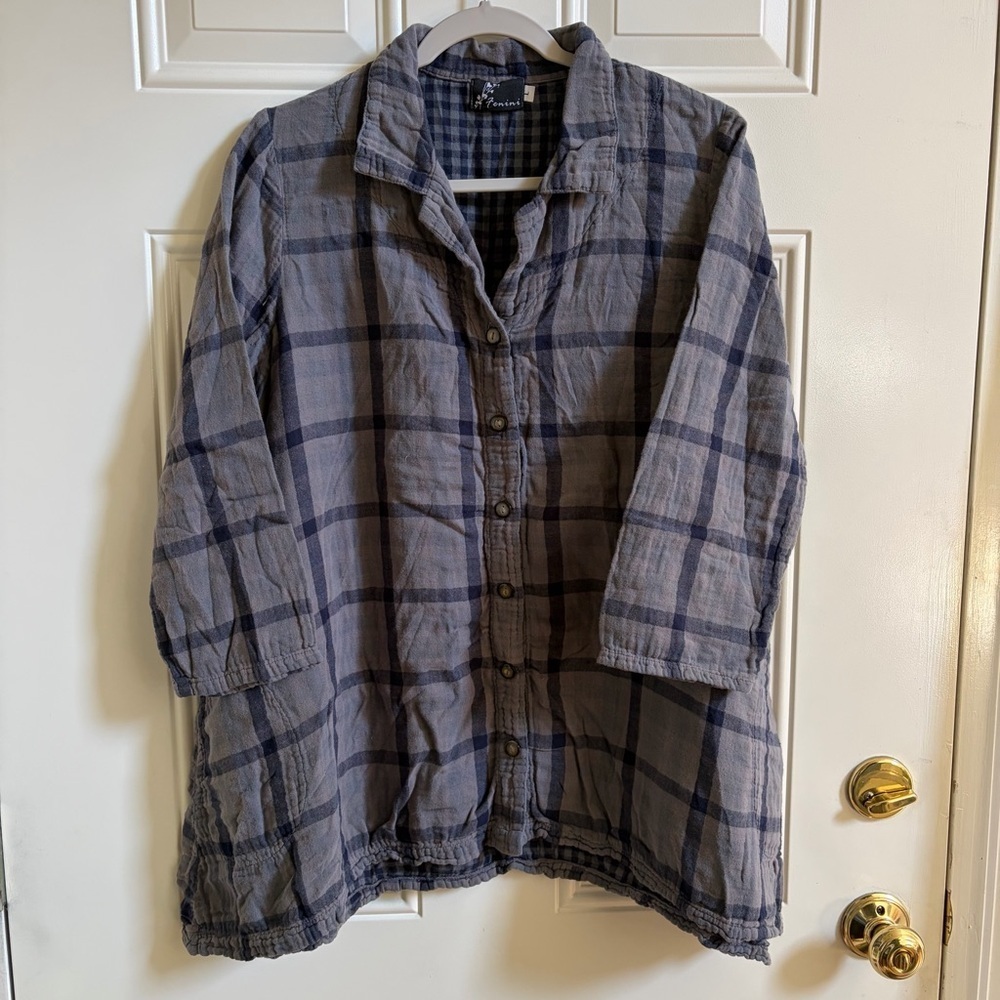 Fenini Lagenlook Gray blue Plaid 100% cotton Gauze tunic button down top L